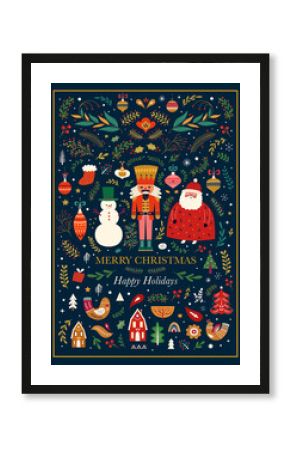 Classic Christmas greeting illustration with funny Santa Claus, nutcracker and snowman. Big Christmas collection in Scandinavian style with traditional Christmas and New Year elements