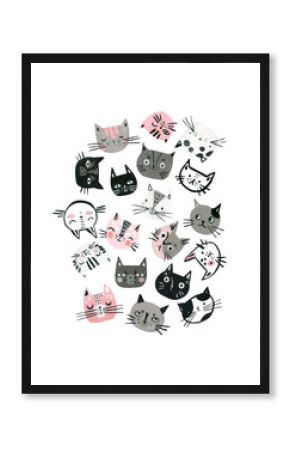 Cartoon watercolor cats muzzles set in pastel colors. Cute kitten faces background for kids design.