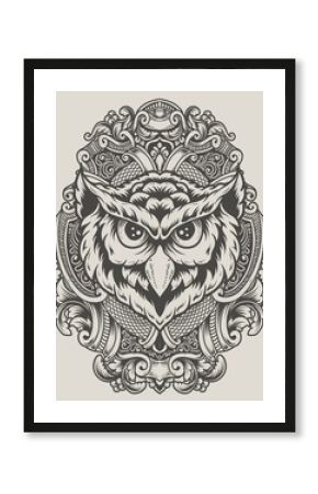 illustration owl head with engraving ornament