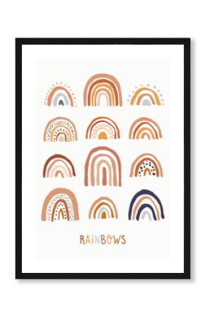 Hand Drawn Boho Rainbows. Cute Set in Pastel and Earthy Colors. Vector Isolated Elements. Scandinavian Style. Neutral Nursery Art Design for Room Decoration, Cards, Invitations, Posters.