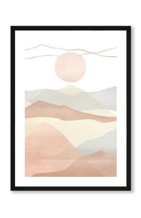 Watercolor creative minimalist hand painted landscape composition, mountains. Abstract modern print, poster, for wall decoration, card or brochure cover design. Aesthetic trendy illustration