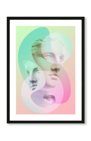 Collage with plaster antique sculpture of human face in a pop art style. Modern creative concept image with ancient statue head. Zine culture. Contemporary art poster. Funky minimalism. Retro design.