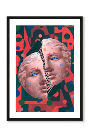 Collage with sculpture of human face in a pop art style. Modern creative concept image with ancient statue head. Zine culture. Contemporary art poster. Funky punk minimalism. Crypto art design.
