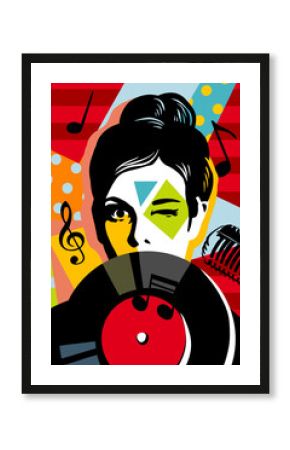 Woman with music plate. Pop art microphone. Music standup concert radio podcast blog. Comic cartoon pop art retro illustration drawing. Trendy pop-art cover