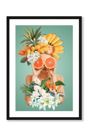 Abstract art collage of young woman with fruits and flowers
