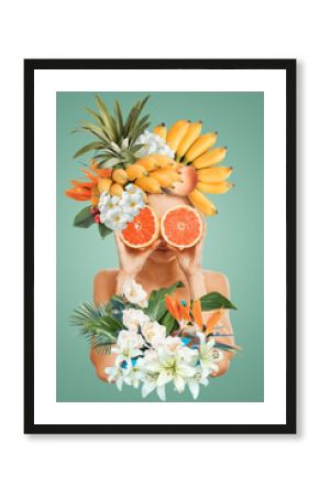 Abstract art collage of young woman with fruits and flowers