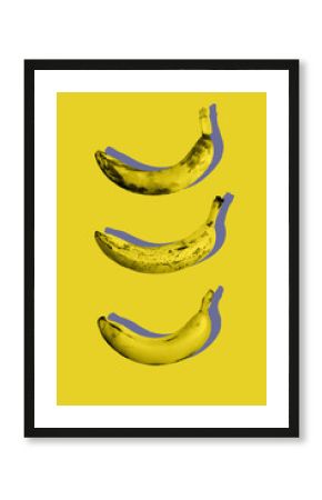 Photography minimal art collage of ugly ripe fruit bananas on yellow color background in trendy pop-art style.Top view flat lay isometric pattern.Modern design.Vertical orientation