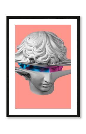 Collage with plaster antique sculpture of human face in a pop art style. Creative concept colorful neon image with ancient statue head. Cyberpunk, webpunk and surreal style poster.