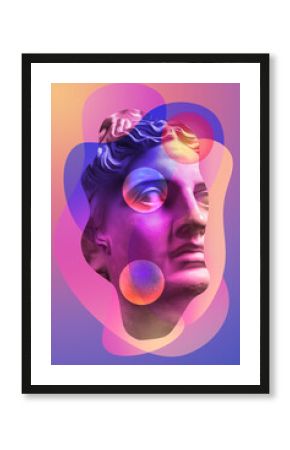 Collage with plaster antique sculpture of human face in a pop art style. Creative concept image with ancient statue head in pastel colors. Zine culture. Contemporary art style poster. Apollo bust.