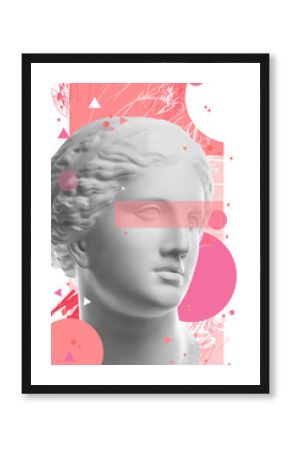 Fashion art collage with plaster antique sculpture of Venus face in a pop art style. Creative vogue concept image in contemporary surrealism style. Beauty, fashion and health theme. Zine culture.