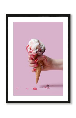 A female hand holds an ice cream cone on a pink background. The ice cream melted and ran down my fingers and hand. The hand squeezed and crushed the waffle glass.