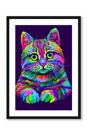Cat. Hand-drawn, abstract, multicolored portrait of a cat looking forward on a purple background in the style of pop art.
