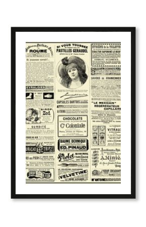 Commercial magazine advertising page in French with many promotion banners and vignettes dated 1888