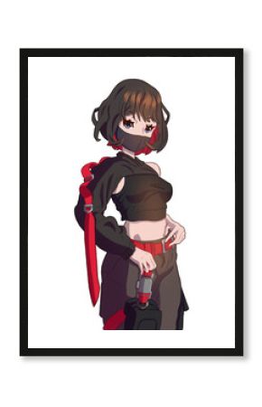 Cute fighting anime manga girl with short hair in a mask in a top and wide pants with red hair and red belts blue eyes sticker