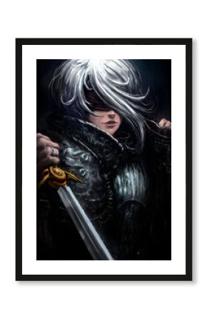 A beautiful woman warrior in plate armor with two daggers, she has white hair of a square, and her eyes tied with a black mask, she smiles slightly. 2D illustration in anime style.