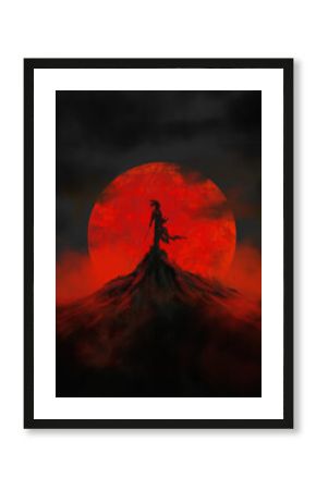 A lone ninja stands on a mountain at night, against the backdrop of a red moon.