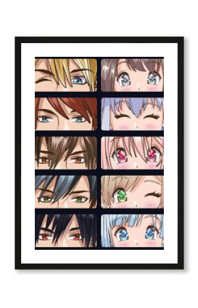 group of faces young people anime style characters