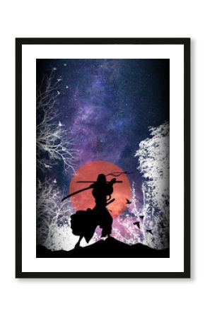 Samurai warrior training at sunset silhouette art 