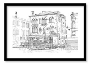 Venice - Grand Canal. Ancient building & gondola. Vector drawing
