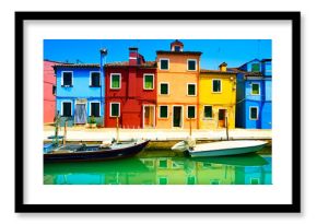 Venice landmark, Burano island canal, colorful houses and boats,