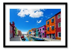 Venice landmark, Burano island, colorful houses and boats, Venice, Italy