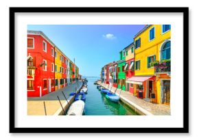 Venice landmark, Burano island canal, colorful houses and boats,