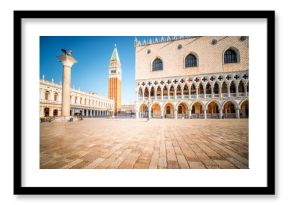 Morning view on San Marco tower, column and Marciana library in the center of Venice