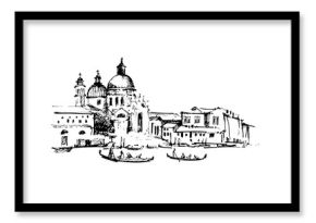 Streets in Venice with gondola, hand drawn vintage illustration on white background.