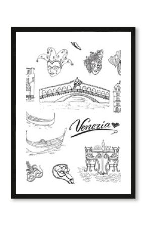 Venice Italy seamless pattern. Hand drawn sketch with map of Italy, gondolas, gondolier clothes, carnival venetian masks, houses, market bridge, cafe table and chairs. Doodle drawing isolated on white