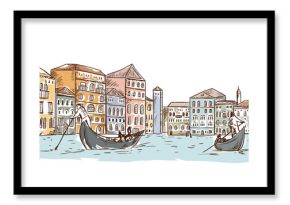 Venice. Cityscape with houses, canal and boats. Vintage vector illustration in sketch style