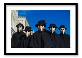 Plague Doctor Masks group, traditional costume invented in the 17th century and historical character of Venice Carnival