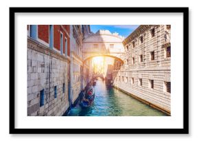 View of the Bridge of Sighs (Ponte dei Sospiri) and the Rio de Palazzo o de Canonica Canal from the Riva degli Schiavoni in Venice, Italy. The Ponte de la Canonica is visible in background.