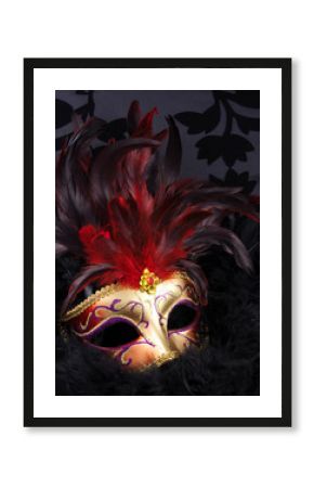 red and golden mask with black feathers (venice)