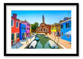 Venice landmark, Burano canal, houses, church and boats, Italy