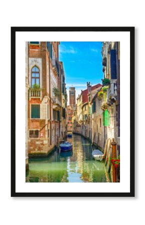 Venice cityscape, water canal, church and buildings. Italy