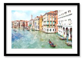 Abstract watercolor digital generated painting of the main water canal, houses and gondolas in Venice, Italy.