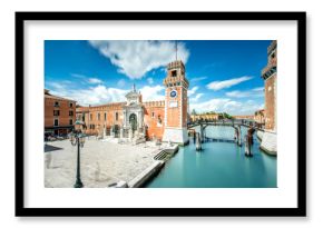 Venetian Arsenal in Castello region in Venice. Long exposure image technic with motion blurred clouds