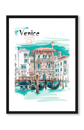 Vector picturesque view with Palazzo in Venetian Gothic style on the Grand Canal in summer day, Venice, Italy.