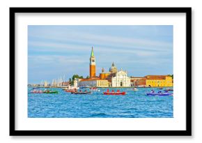 View of the historical Gondolas rowing on the Grand Canal in Venice