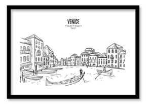 Venice. Cityscape with houses, canal and boats. Vintage vector illustration in sketch style