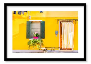Yellow house with flowers and plants. Colorful houses in Burano island near Venice, Italy.