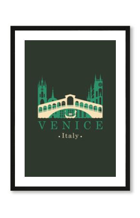 Vector travel illustration, banner or icon. Rialto bridge logo. Ponte di Rialto and the gondola on a background of the old buildings of Venice. Venice Landmark. Italian architectural attraction