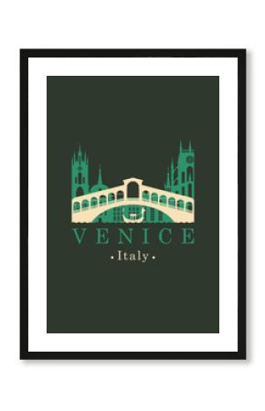 Vector travel illustration, banner or icon. Rialto bridge logo. Ponte di Rialto and the gondola on a background of the old buildings of Venice. Venice Landmark. Italian architectural attraction