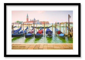 Venice, Italy, Europe. Panoramic view of moored gondolas.