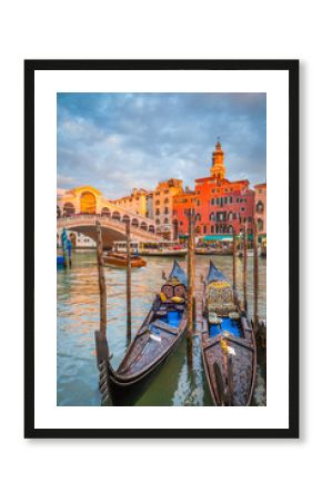 Canal Grande with Gondolas and Rialto Bridge at sunset, Venice, Italy