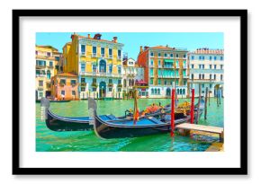 The Grand Canal in Venice with moored gondolas