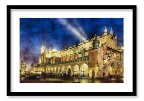 Akwarela nocnych Sukiennic w Krakowie