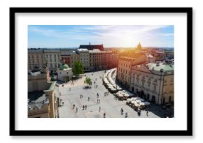 Aerial panorama of Main Square Market in the Old Town district of Krakow, Poland. Historic tenement houses of Rynek Główny Kraków. View towards Grodzka street, one of the oldest streets in Cracow.
