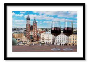 Krakow city center with St. Mary's Basilica from above in Krakow, Poland