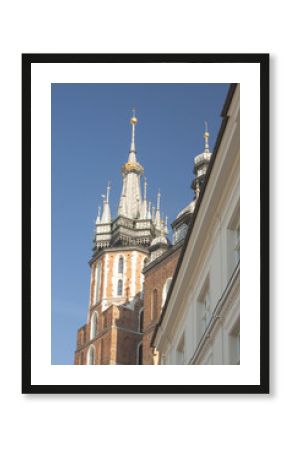 Poland, Krakow, Mickiewicz Monument, st Mary Curch Towers, Midday